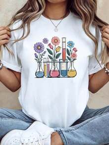 Women's Pure Cotton T-Shirt With Print, Creative Chem Floral Print T-Shirt For Women, Fun And Relaxing Short Sleeve Science Lab Activity Top, Science Themed T-Shirt. - 白色 - 查看 1