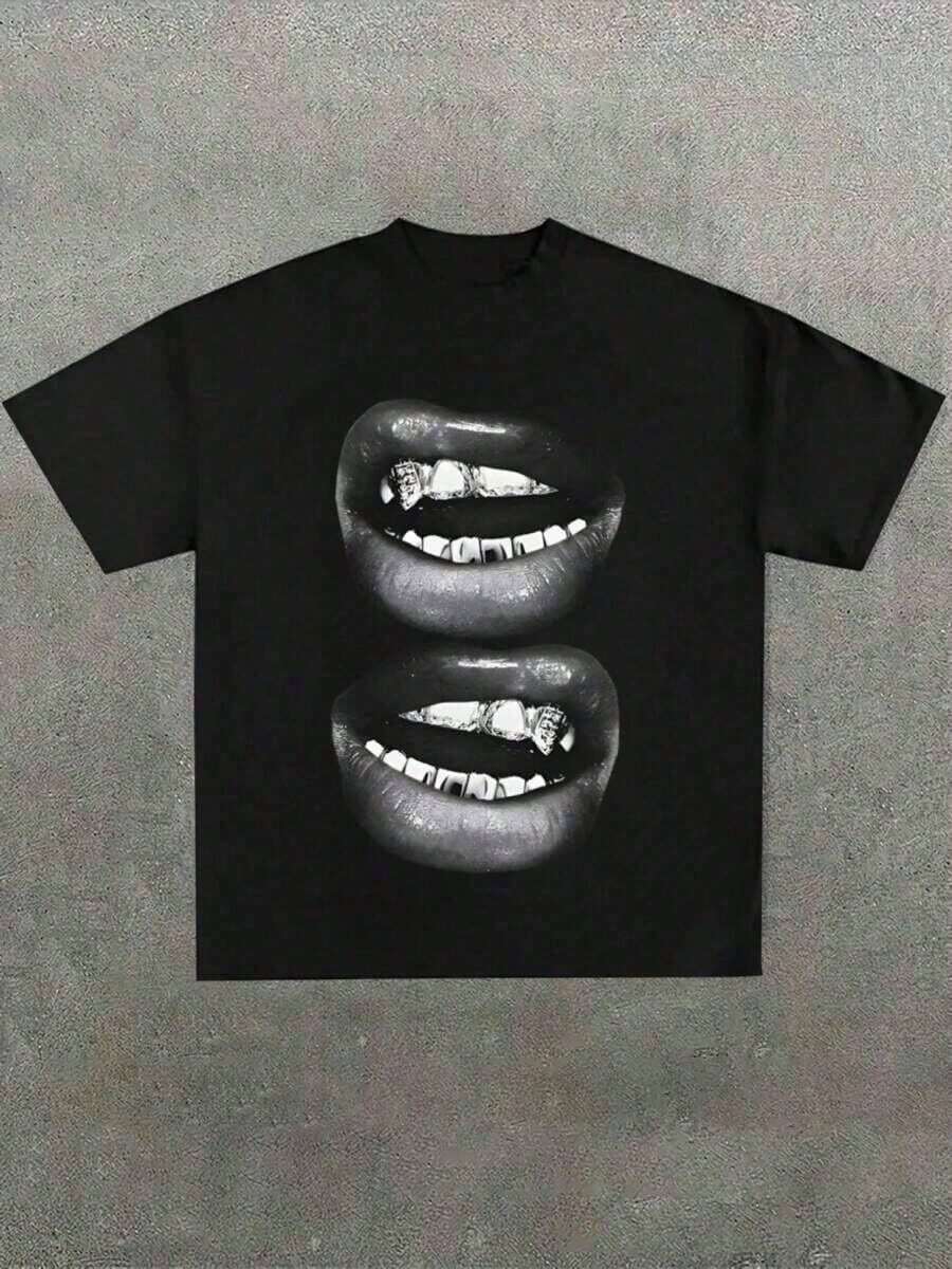 Casual Soft T-Shirt Featuring A Humorous Graphic Of Grill Lips, Available In A Small Pattern - Black - View 1