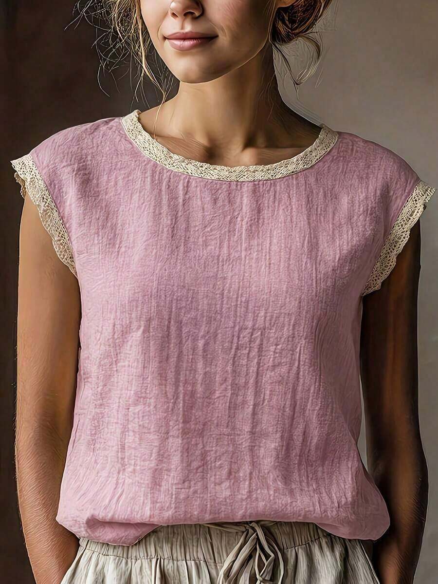 Camiseta de manga corta de mezcla de lino vintage para mujer, cuello redondo con encaje, corte holgado, transpirable, color blanco de verano. - Polvos de niña - Ver 1