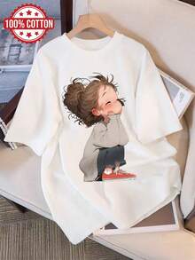 Ropa de verano para mujer, tops casuales con estilo de dibujos animados de una mujer con cabello rizado, camiseta pura de manga corta con estampado y cuello redondo [Lang K] - Blanco - Ver 6