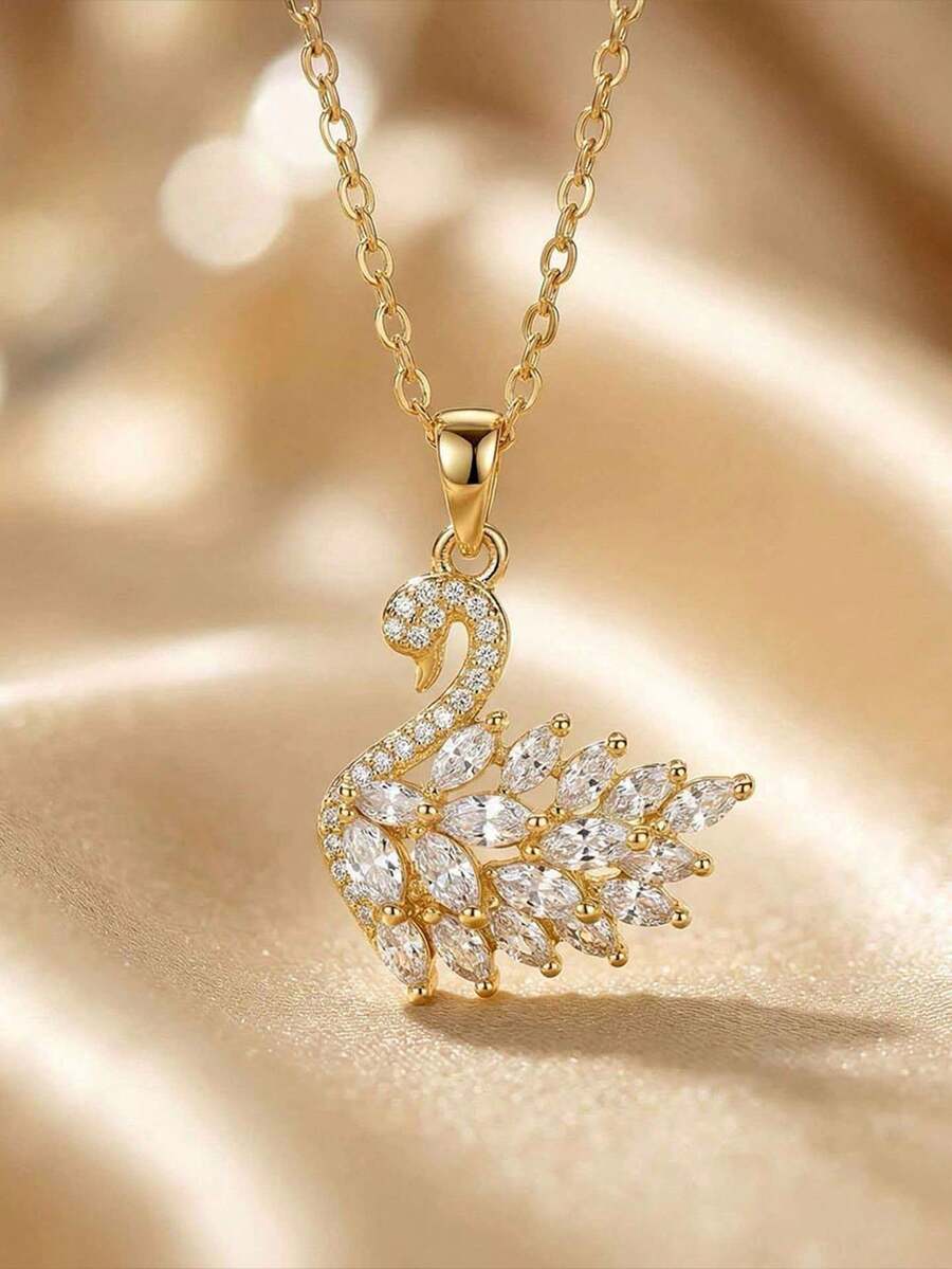1 buah Kalung Liontin Angsa Zirkonia Mikro-Inlaid Mewah dan Modis, Desain Choker Serbaguna Cocok untuk Wanita, Festival, dan Acara - rantai emas - View 1
