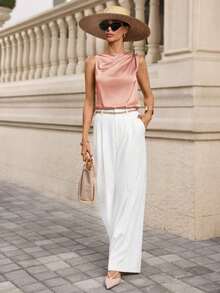 Blusa de satén sin mangas con pliegues para mujer - Rosa - Ver 9