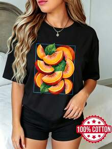Women's Black Short-Sleeved T-Shirt With Round Neck And Print, Peach Roses With Leaf Pattern, S-3XL, Fashionable, 100% Cotton Material - 黑色 - View 1