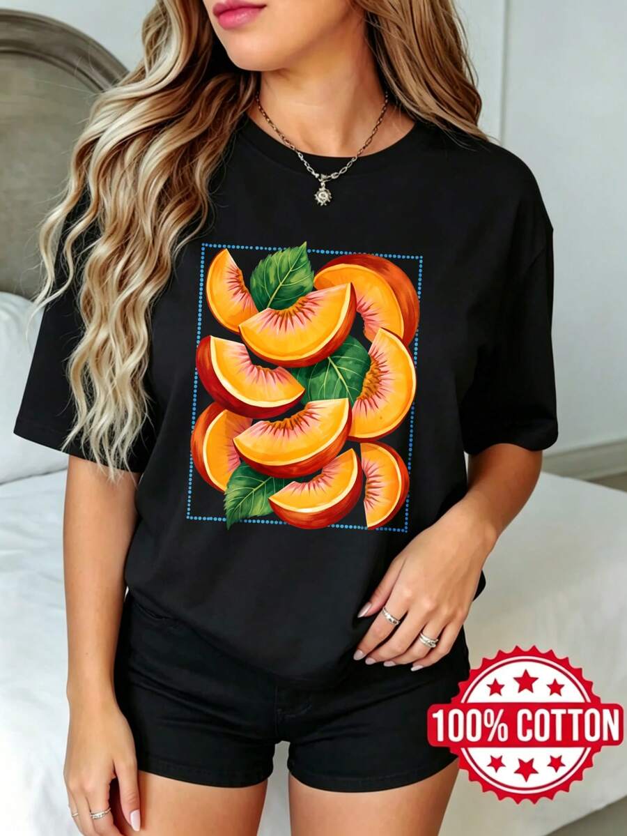 Women's Black Short-Sleeved T-Shirt With Round Neck And Print, Peach Roses With Leaf Pattern, S-3XL, Fashionable, 100% Cotton Material - 黑色 - View 1