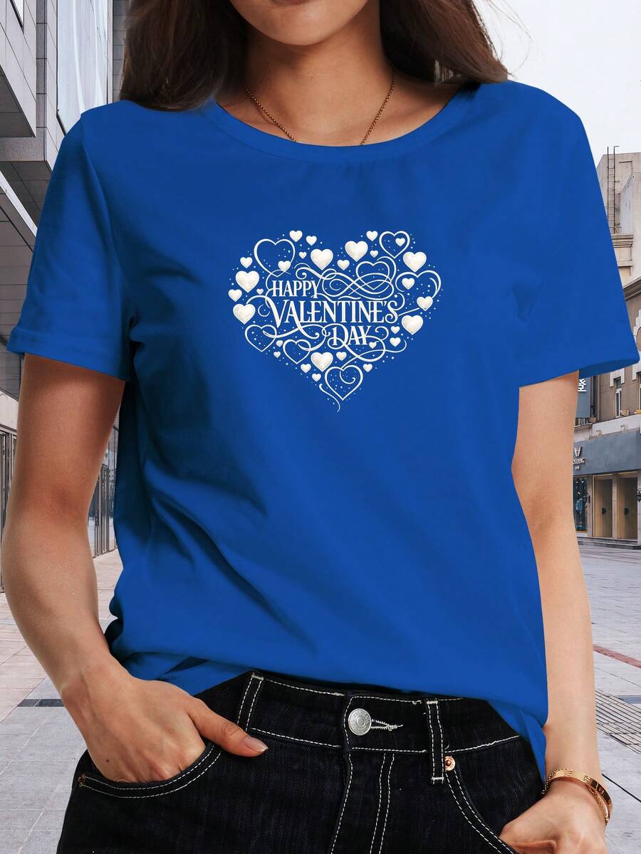 Classic Short-Sleeved T-Shirt With A Happy Valentine's Day Print, Regular Length, Women's Summer Wear, Suitable For Lounging At Home, College Life, And The Office. A Hit. - 藍色 - 查看 1