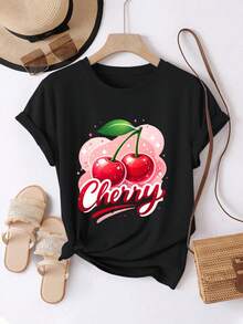 Camiseta de mujer, cómoda y casual, de manga corta y cuello redondo, con estampado de cerezas, fruta roja brillante con hojas verdes, alegre y linda, de longitud regular, adecuada para todas las estaciones, moda diaria, ideal para la ropa de mujer de primavera y verano. - Negro - Ver 6
