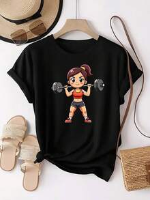 Women's T-Shirt With A Cute, Energetic Fitness Girl Print. Casual Short-Sleeved Sports T-Shirt With A Round Neck And Custom Print For Women, Comfortable Top. - 黑色 - 查看 6