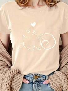 Camiseta de manga corta para mujer, 100% algodón, con estampado de gato, estilo americano, versátil, informal, para ir al trabajo, transpirable, para verano, combina con todo. - Albaricoque - Ver 1