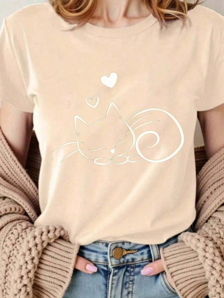 Camiseta de manga corta para mujer, 100% algodón, con estampado de gato, estilo americano, versátil, informal, para ir al trabajo, transpirable, para verano, combina con todo. - Albaricoque - Ver 1