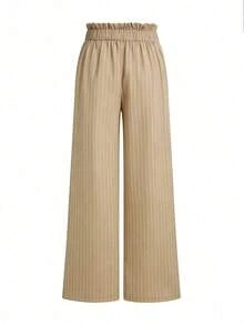 Pantalones de mujer de mezcla de algodón a rayas cómodos, de cintura alta, elegantes y de moda, de alta gama, con pliegues, cintura elástica, rectos, sueltos y de pierna ancha, adecuados para primavera/otoño, uso diario y versátiles - Caqui - Ver 4