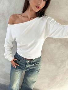 Top de manga larga asimétrico de hombro de punto de color albaricoque para mujer, otoño/invierno - Blanco 2 - Ver 6