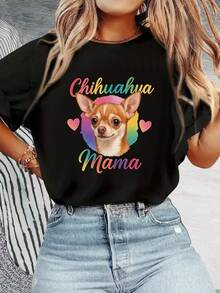 Camiseta Mamá Chihuahua - Diseño de Perro Chihuahua Arcoíris y Corazones con Texto "Chihuahua", Camiseta Suave y Ligera de Cuello Redondo Adecu para Amantes de las Mascotas, Ropa Casual de uste Hoado para Uso Diario, Camiseta Básica Negra Lavable a Máquinara Dueños de Chihuahuas - Negro - Ver 2
