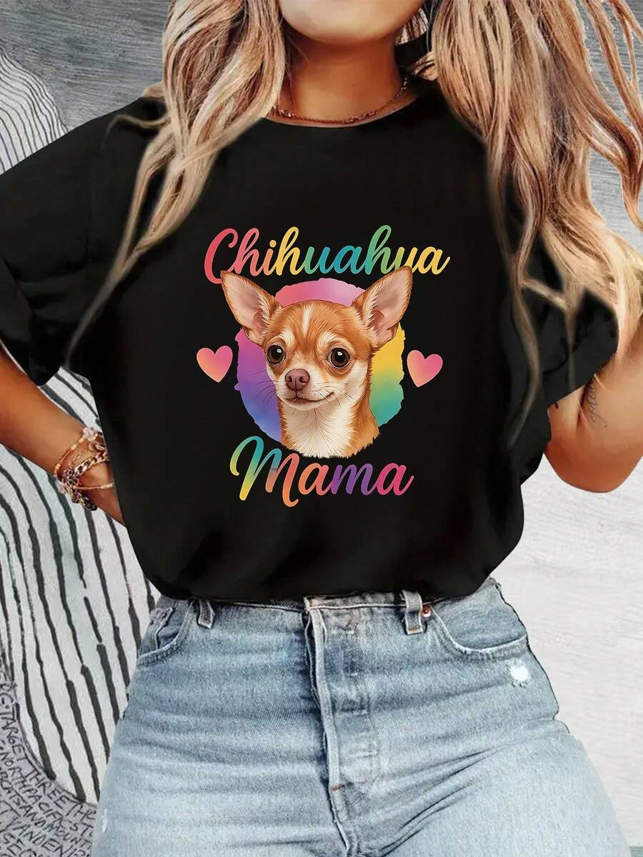 Camiseta Mamá Chihuahua - Diseño de Perro Chihuahua Arcoíris y Corazones con Texto "Chihuahua", Camiseta Suave y Ligera de Cuello Redondo Adecu para Amantes de las Mascotas, Ropa Casual de uste Hoado para Uso Diario, Camiseta Básica Negra Lavable a Máquinara Dueños de Chihuahuas