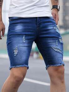 Men's Fashionable Distressed Frayed Hem Elastic Denim Capri Pants - Blue - View 4