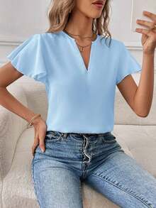 Camisa de mujer de unicolor con escote en V entallado y manga corta, informal y adecuada para el trabajo, blusas de manga corta - Celeste - Ver 1