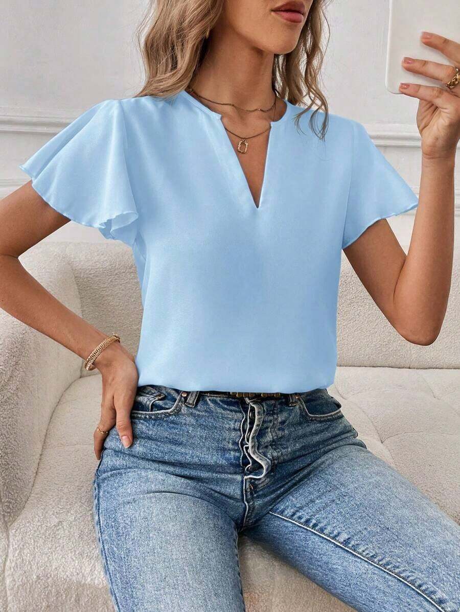 Camisa de mujer de unicolor con escote en V entallado y manga corta, informal y adecuada para el trabajo, blusas de manga corta - Celeste - Ver 1