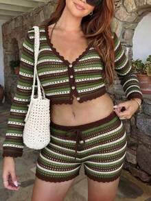 Women's Y2K 2pcs Colorblock Striped Hollow Out Cover Up Top & Shorts Set, Casual Bohemian Beach Vacation Outfit For Spring Summer - Multicolor - View 5