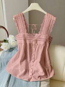 Blusa sin mangas de verano para mujer, de unicolor con parches de encaje - Rosa - Ver 5