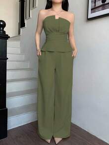 de 2 piezas de top de tirantes con volantes morado y pantalones de pierna ancha para mujer, elegante y de moda, adecuado para la oficina, el transporte, el estilo retro, fiestas, citas, el Día de San Valentín, uso en primavera/verano - Verde militar - Ver 1