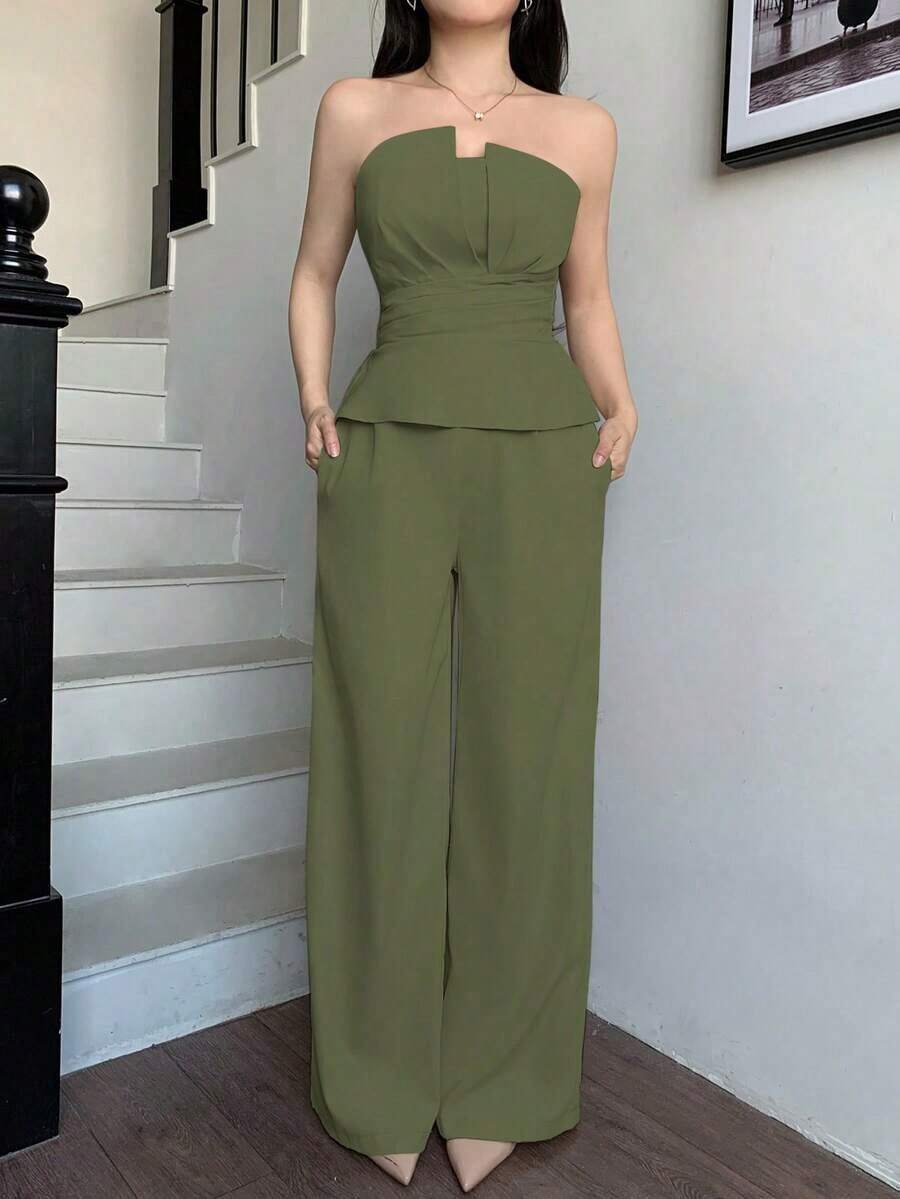 de 2 piezas de top de tirantes con volantes morado y pantalones de pierna ancha para mujer, elegante y de moda, adecuado para la oficina, el transporte, el estilo retro, fiestas, citas, el Día de San Valentín, uso en primavera/verano - Verde militar - Ver 1