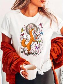 Soft 100% Cotton Women's T-Shirt, Japanese Kitsune Design, Nine-Tailed Fox And Cherry Blossom - Anime And Manga Clothing, Casual Short-Sleeved Round Neck T-Shirt With Fox Design, Machine Washable, Breathable Cotton T-Shirt, Goes With Everything, Cool. - 白色 - 查看 7