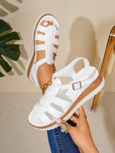 2026 Women's Summer New Arrival 3-Strap Metal Buckle Roman Platform Wedge Sandals, Fashion Minimalist Versatile Soft Bottom Comfortable Breathable Flattering Height Increase
