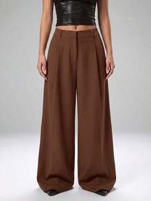 Pantalones casuales y versátiles de cintura alta con pierna ancha de unicolor - Café integral - Ver 7