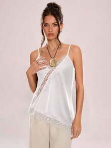 Camiseta de tirantes asimétrica con entramado de encaje transparente - Albaricoque - Ver 6