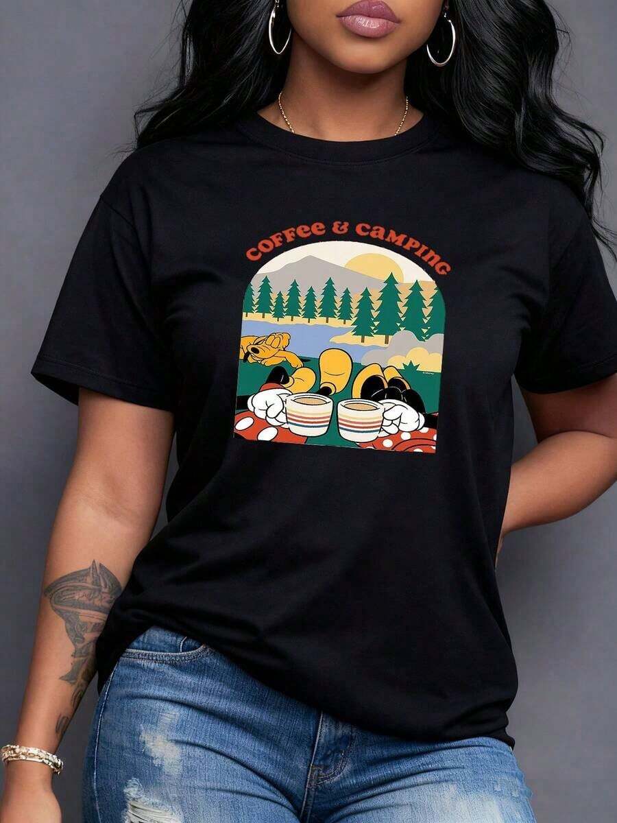 Paisaje con montañas pinos y sol naciente que transmite tranquilidad y amor por la naturaleza ideal para los días al aire libre camiseta para mujer cómoda de algodón suave,Camiseta de mujer elegante. - Negro - Ver 1