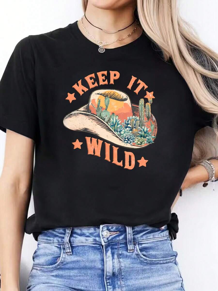 Plus Size Women's Cowboy Letter Print T-Shirt - Casual Short Sleeve Crew Neck Top With Western Style, Machine Washable, Suitable For Spring And Summer Outfits, Themed Events And Casual Wear - 黑色 - 查看 1