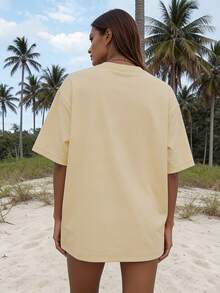 Camiseta con estampado floral, estampado de letras, camiseta casual de manga corta con cuello redondo, adecuada para vacaciones y uso diario - Camiseta unisex de algodón suelto de manga corta con cuello redondo estilo vintage, blusas para mujer. blusas.blusas casuales para dama. - Albaricoque - Ver 2