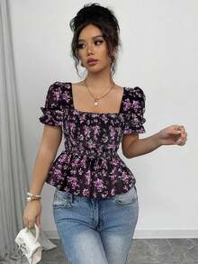 Blusa de mujer con estampado floral diminuto, mangas abullonadas y dobladillo con volantes - Negro - Ver 1