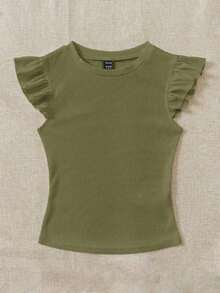 Set de 2 tops de camiseta de cuello redondo ajustados de tela acanalada en negro y rojo rosa, apropiados para verano con mangas con volantes, adecuados para salir - Multicolor 3 - Ver 9