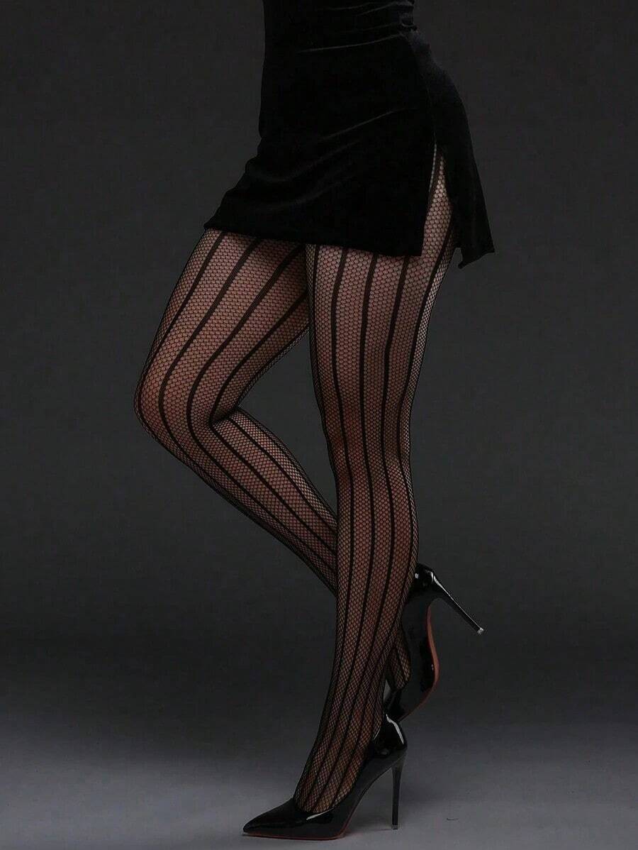 [DazzleLegs]1pc Plus Size High Elasticity Vertical Striped Watermelon Pattern Fishnet Tights, Women Fashion Seamless Pantyhose, Black Mesh Stockings Festive Outfits - Đen 8 - Xem 1