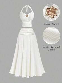 Set de 2 piezas de top halter y minifalda de jacquard para mujer, conjunto de falda y top blanco, ropa de otoño para mujer, atuendo para fiesta, boda, salida, conjunto elegante de mujer, conjunto chic de mujer, ropa de campo para mujer - Albaricoque - Ver 5
