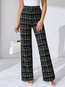Pantalones elásticos de punto con estampado de cuadros elegantes para mujer, adecuados para varias ocasiones, como vacaciones de verano, viajes elegantes y uso diario - Blanco y Negro - Ver 2