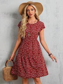 Vestido midi azul de manga corta y manga murciélago con estampado floral para mujer, vestidos de verano para mujeres - Óxido marrón - Ver 3