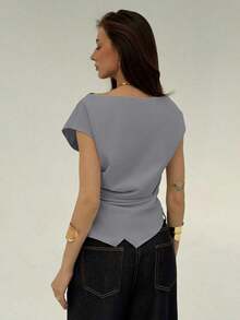 Blusa de oficina para mujer con cuello de barco, mangas cortas y corte cropped en color beige - Gris Claro - Ver 2