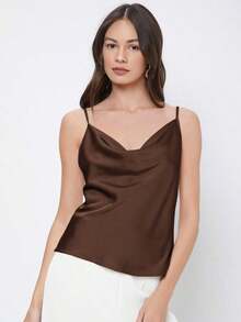 2025 Otoño Mujer unicolor Cuello drapeado Satén Camiseta sin mangas, Blusa romántica elegante y versátil para negocios y casual, Atuendo de oficina, Uniforme de maestra, Blusa básica - Marrón Chocolate - Ver 3