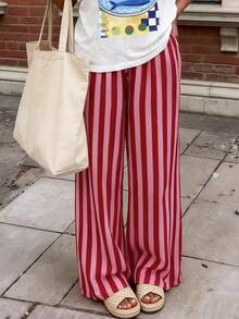 Pantalones sueltos y casuales a rayas para mujer, pantalones ligeros y cómodos de estilo bohemio elegante para primavera, verano y otoño, vacaciones en color rosa - Rosa - Ver 9