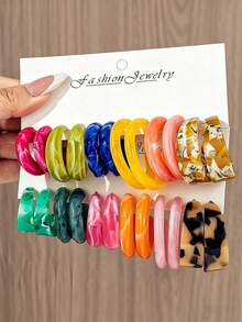 6-12 Pairs Oversized Luxury Resin Board C Shape Hoop Earrings Set, Multicolor, Fashionable European And American Style - Resin Encyclopedia - View 2