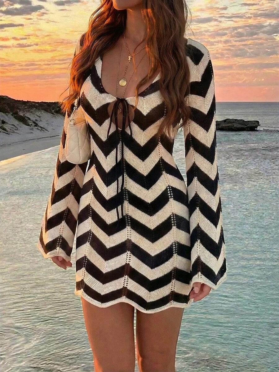 Vestido corto de manga larga con diseño de cordones, estampado de rayas onduladas, sexy y estilizador para playa y vacaciones, nuevo para 2026 - Multicolor - Ver 1