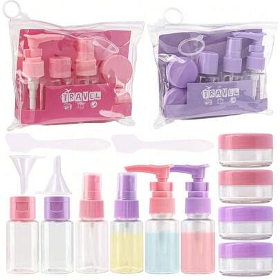 Set de 7 botellas de viaje mini para artículos de tocador, kit de recipientes cosméticos rellenables a prueba de fugas de color rosa y morado con frascos de tocador, para champú, acondicionador, loción y cuidado de la piel, set de botellas de viaje aprobadas para avión con pulverizadores, embudos y bolsas de viaje transparentes