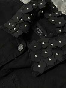 pthirillo Women's Black Denim Jacket Maxi Oversized Denim Black Cotton Long Sleeve Premium Street Style Retro Casual Loose Fit With Pockets Cowboy Style Show Pearls | Basic - 花卉領 - 查看 3