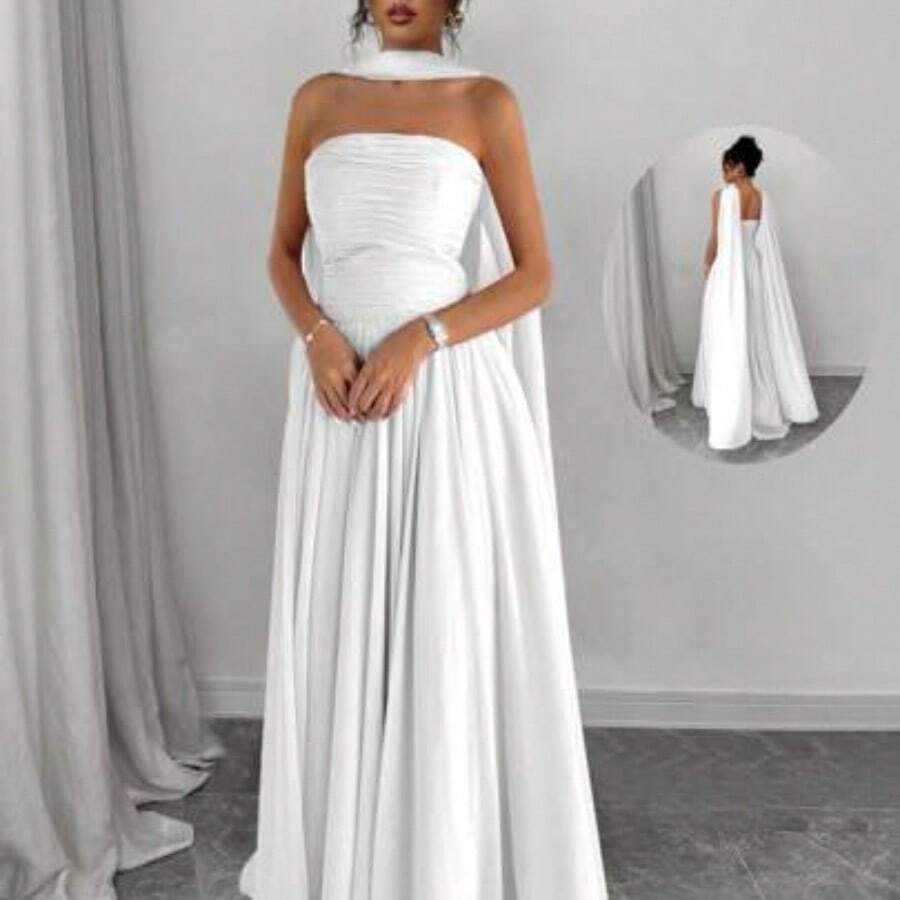 1pc Women Solid Color Halter Dress With Pleated Detail, Elegant Sleeveless Long Dress Maxi Women Outfit - Blanco - Ver 1