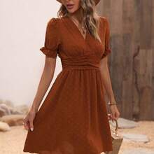Swiss Dot Puff Sleeve Ruffle Detail Shirred Waist A-line Dress - Verde militar - Ver 7