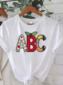 Camiseta de manga corta estampada para mujer. Perfecto para citas, desplazamientos diarios y salidas informales. Diseño clásico minimalista de cuello redondo, fácil de combinar y se adapta a todo tipo de cuerpos. - Blanco - Ver 7