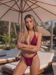 Bộ bikini dây buộc cổ màu đỏ rượu vang mới, kiểu dáng gợi cảm, xếp ly, thích hợp cho kỳ nghỉ biển. - Nhiều màu - Xem 3
