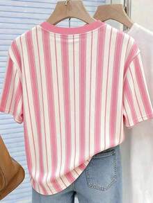 Camiseta de mujer talla grande con estampado digital a rayas de colores y bordado de fresa, regalo para amigos - Multicolor 2 - Ver 2