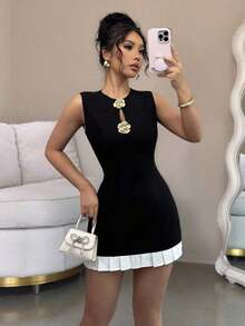 Raffinéa Vestido con hebilla de metal hueca y ribete de volantes para mujer - Blanco y Negro - Ver 7